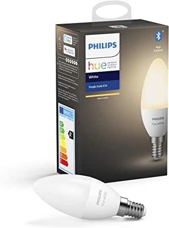 Lampă Philips Hue White E14, pachet unic, 470lm, lumină albă caldă, reglabilă, controlabilă prin aplicație, compatibilă cu Amazon Alexa (Echo, Echo Dot)