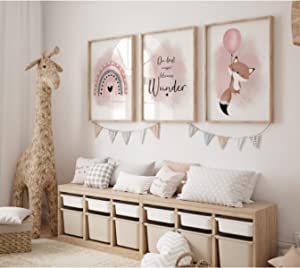 MeinBaby123® Tablouri Nursery | Set de 3 DIN A2 Set de postere A2 | Poster pentru copii | Poster pentru copii | Tablouri Deco | Poster de perete pentru copii Premium (Fox & Balloon pink A2)