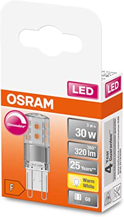 Lampă cu LED PIN OSRAM cu LED reglabil cu soclu G9, alb cald (2700K), 320 lumeni, sticlă transparentă, pachet unic, 1 buc.