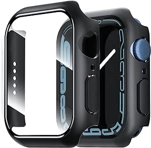 NEW'C 2 Piece Case with Glass Screen Protector for Apple Watch Series 8/7 41mm - Overall PC Case Slim Tempered Glass Screen Protector Case for Apple Watch 41mm Series 8/7 - Negru