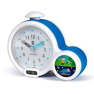 Pabobo Kid Sleep - ceas de alarmă - ceas de alarmă educativ pentru copii zi / noapte - afișaj dublu și 3 alarme la alegere - funcționează pe DC sau baterii - albastru