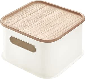 iDesign Storage Box, cutie de depozitare medie cu mânere din plastic reciclat, fără BPA, recipient organizatoric cu capac din lemn de paulownia, alb, 21,6 x 21,6 x 13,6 cm, 08331
