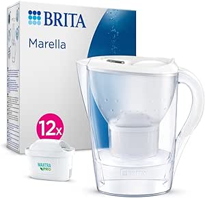 Ulcior cu filtru de apă BRITA Marella alb (2,4l) cu 12 cartușe MAXTRA PRO All-in-1 - NOU- Filtrează pentru a reduce calcarul, clorul, plumbul, cuprul și substanțele care perturbă gustul din apă.