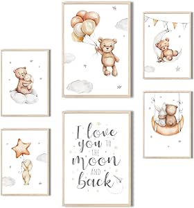 MeinBaby123® Poster pepinieră | set de 6 postere DIN A4 | arta de perete cu zicală | curcubeu | decorare pepinieră pentru fete și băieți | decorare cameră pentru copii | poster de perete premium (urs și stele V2)