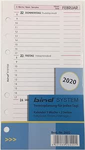 BIND B2602 - Inserție calendaristică pentru calendarul managerului A6 - anul 2020, 1 săptămână / 2 pagini, calendar de întâlniri cu sistem