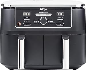Prăjitor de aer digital cu două zone Ninja Foodi MAX Dual Zone Digital Air Fryer, 9.5L Airfryer, 2 compartimente, strat antiaderent, coșuri lavabile în mașina de spălat vase, 6 în 1, 8 porții, negru AF400EU