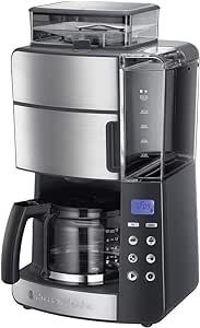 Cafetieră Russell Hobbs cu râșniță de măcinat cu ulcior de sticlă [cronometru digital, cap efervescent pentru extracție și aromă optimă] Grind&Brew (max. 10 cești, setare de măcinare în 3 trepte) Cafetieră cu filtru 25610-56