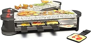 SUNTEC Raclette Grill RAC-7079 Flex8 piatră/piatră - Mini-grill de masă pentru 8 persoane - 8 tigăi + 8 spatule ca set de accesorii - Placă de piatră cu două fețe din granit - Cu articulație rotativă - 1400 wați