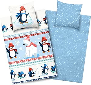 Aminata kids lenjerie de pat pentru copii 135x200 pinguin urs polar castor flanelă bumbac, fermoar, set de lenjerie de pat de iarnă pentru copii din 2 piese, cald, moale, amuzant urs polar | Polul Nord motiv animalier