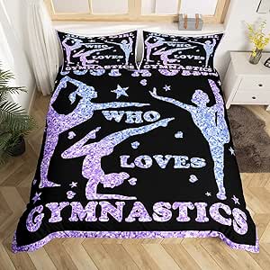 Gimnastica set de pat fete gimnastică iubitor de gimnastică lenjerie de pat de iubire plapuma acoperi set pentru fiica fete copii gimnastică sport decor decor confortabil acoperă set violet glitter cuvertură de pat acoperă dormitor cuvertură de pat