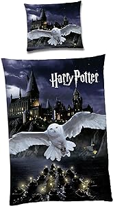 Familando set de lenjerie de pat reversibil Harry Potter 135x200 80 x 80 cm - lenjerie de pat pentru copii din bumbac 100% - bufnița Hedwig - Hogwarts - dimensiuni germane - lenjerie de pat de vară