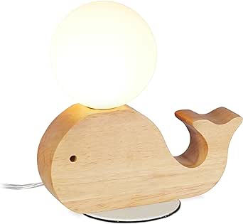 Lampă de noptieră Relaxdays pentru copii, camera bebelușilor, G9 7W, balenă decorativă din lemn, bilă de sticlă, lampă LED balenă 20x20x10 cm, natură, alb-maro 10029493