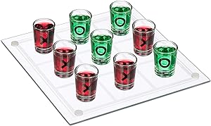 Relaxdays Tic Tac Toe joc de băut pentru adulți, pentru adulți, 2 persoane, 9 pahare de shot, JGA, joc de petrecere distractiv, XL, transparent