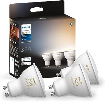 Philips Hue White Ambiance GU10, pachet de trei becuri de 3 x 350 lm, reglabile, toate nuanțele de alb, controlabile prin intermediul aplicației, compatibile cu Amazon Alexa (Echo, Echo Dot)