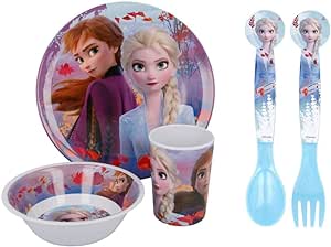 Set de masă din melamină colorată fără BPA din 5 piese Frozen II Characters - farfurie, castron, cană, lingură și furculiță pentru copii (Frozen II)