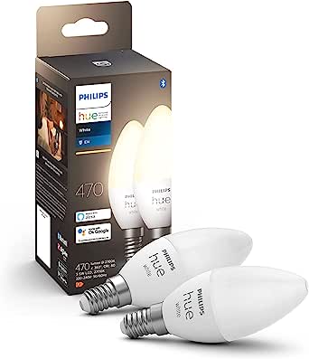 Lampă Philips Hue White E14, pachet dublu 2x470lm, reglabilă, lumină albă caldă, controlabilă prin aplicație, compatibilă cu Amazon Alexa (Echo, Echo Dot)