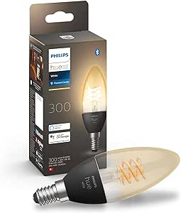 Philips Hue White E14 lumânare cu un singur pachet cu filament 300lm, lumină albă caldă, reglabilă, controlabilă prin aplicație, compatibilă cu Amazon Alexa (Echo, Echo Dot)