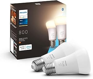 Lampă Philips Hue White E27, pachet dublu 2x806lm, reglabilă, lumină albă caldă, controlabilă prin aplicație, compatibilă cu Amazon Alexa (Echo, Echo Dot)