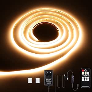 KWODE COB COB LED Strip 3000K alb cald, 2M 768LEDs Dimmable 3mm Wide COB LED Strip, 12V DC Bandă de lumină flexibilă cu sursă de alimentare și telecomandă RF pentru camera de zi dormitor bucătărie DIY decorare [Clasa de energie G]