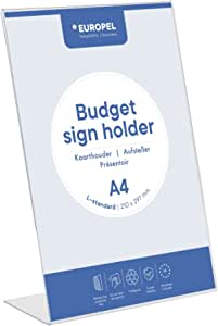 Europel Budget Table Display, L-Stand, DIN A4 Tall, Crystal Clear Polystyrene 1.5 mm, Suport pentru meniuri și broșuri pentru restaurante, hoteluri, conferințe și recepții - Stand liber și ușor înclinat