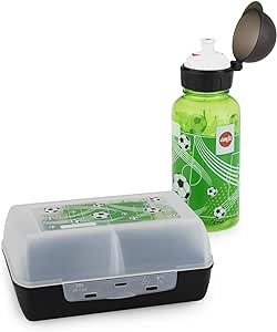 Emsa Set pentru copii cu motiv de fotbal, biberon + cutie de prânz, sticlă de 400 ml rezistentă la scurgeri, cutie cu separator glisant, negru/verde, 518140