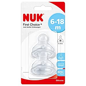 NUK First Choice+ Anti-Colic Tetina siliconică NUK First Choice+, formă NUK prietenoasă cu maxilarul, mărimea 2 (6-18 luni) M pentru lapte, 2 bucăți (pachet de 1)