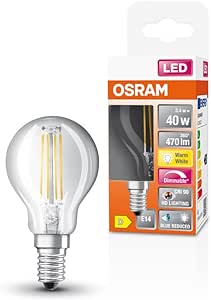 Lampă LED OSRAM Superstar cu LED-uri reglabile cu redare a culorilor deosebit de ridicată (CRI90) pentru soclu E14, optică cu filament, alb cald (2700K), 470 lumeni, înlocuitor pentru becurile convenționale de 40 W, reglabil, pachet de 1 bucată