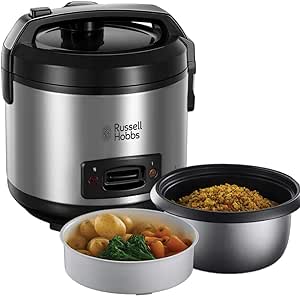 Aparat de gătit orez Russell Hobbs [câștigător al testului] 1,2l, inclusiv inserție pentru abur cu capac cu balamale pentru aromă (funcție de menținere la cald, vas de gătit cu strat antiaderent, lingură de orez și cană de măsurare, oțel inoxidabil) 27080-56