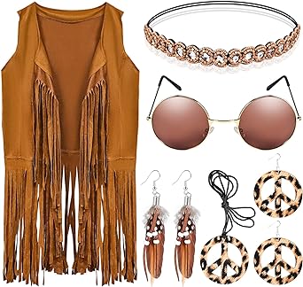 GOLDGE 6PCS Hippie Costume de femei Set, 60s 70s Îmbrăcăminte Accesorii Set, Retro Hippie Îmbrăcăminte doamnelor Vest Fringed fără mâneci cu cercei Boho Style Headband Colier Colier Retro Ochelari de soare