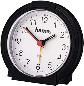 Ceas deșteptător analogic Hama fără tic-tac (ceas cu baterii cu funcție de alarmă, cu lumină, mâini fluorescente pentru ore și minute, timp de alarmă reglabil, 12,5 x 6,5 x 17 cm) negru, rotund