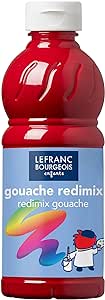 Lefranc Bourgeois 188006 vopsea tempera lichidă Redimix, vopsea guașă strălucitoare pe bază de apă, opacitate ridicată, proprietăți excelente de pictură, gata de utilizare, flacon de 500 ml - roșu primar