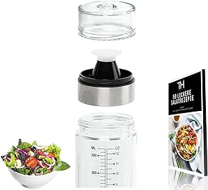 Sticlă de shaker Thiru pentru dressinguri 400ml cu cântar - inclusiv e-book cu 25 de rețete de dressinguri - pentru un dressing perfect pentru salată - rezistent la scurgeri și la mașina de spălat vase