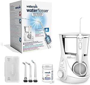 Apa de gură Waterpik Whitening Professional Waterflosser cu tablete de albire cu aromă de mentă, îndepărtează placa bacteriană, dinți albi în mod natural în 2 săptămâni, alb (WF-05EU)