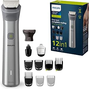 Philips Multigroom Series 5000, aparat de tuns totul într-un singur aparat, aparat de tuns barba 12 în 1 și mașină de tuns părul pentru față, cap și corp pentru un stil complet, 14 setări de lungime (0,5-16 mm) (model MG5950/15)