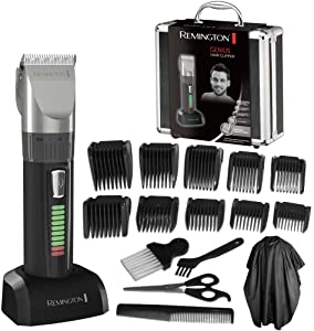 Aparat de tuns Remington Hair Clipper Professional (lame ceramice cu ascuțire automată, 10 piepteni de atașament, funcționare pe rețea/baterie, baterie cu litiu de lungă durată, carcasă profesională din aluminiu, pelerină de coafură) Aparat de tuns, aparat de tuns, HC5811