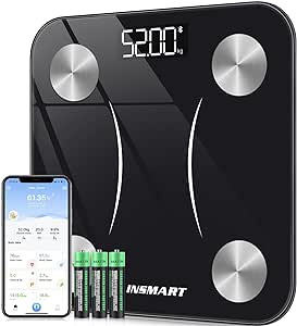 INSMART scară de grăsime corporală scară personală digitală cu APP, scară Bluetooth pentru grăsime corporală, IMC, greutate, puls, masă musculară, apă, proteine, mușchi scheletic, greutate osoasă, BMR, etc.