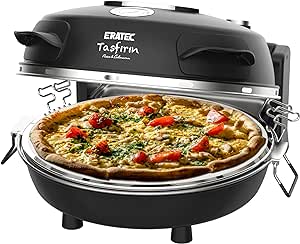 Cuptor pentru pizza ERATEC, SET-PM-27.Temperatură de până la 400°C cu 5 niveluri de gătit, pizza gata în 4 minute, inclusiv accesorii: placă de piatră refractară de 32 cm - inserție tigaie XXL - cursor pentru pizza - tăietor de pizza.