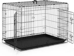 VOUNOT Cușcă pliabilă pentru câini, cușcă de transport pentru câini cu uși duble, 2 mânere de transport și tavă de podea, L 92x58x64cm, negru