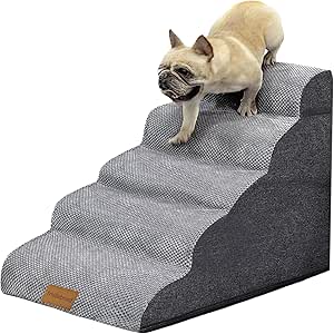Trhillsbrad Scară largă pentru câini 5 trepte 62 cm înălțime pentru câini mici, scări pentru animale de companie din spumă de înaltă densitate, capac lavabil și fund antiderapant