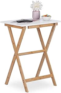 Relaxdays masă pliabilă, bambus, HxLxP: 63 x 47,5 x 37 cm, economie de spațiu, elastică, masă laterală pliabilă, alb-natural