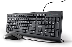 Tastatură și mouse cu cablu - layout QWERTY în limba spaniolă, cablu de 1,8 m, conexiune USB, tastatură rezistentă la vărsare, Windows, Mac, PC, laptop, negru