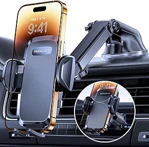 Miracase Mobile Phone Holder Car [Improved Suction Cup & Metal Double Hook] Suport pentru telefon mobil pentru ventilația mașinii Dashboard Windscreen, suport pentru telefon mobil auto pentru iPhone Samsung Galaxy All Smartphones