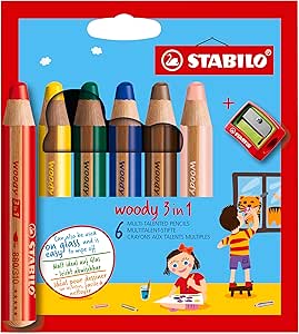 Creion colorat, acuarelă și creion de ceară - STABILO woody 3 în 1 - pachet de 6 cu ascuțitor - cu 6 culori diferite