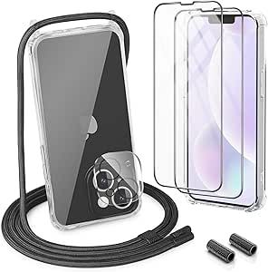 [5 în 1] 1 * Set de lanț de telefon mobil pentru iPhone 13 Mini caz cu curea + 1 * capac de protecție transparent + 2 * folie protectoare + 1 * camera de sticlă de protecție, detașabil colier elegant caz de telefon mobil pentru a atârna în jurul valorii de caz cordon (negru)