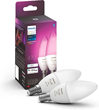 Lampă Philips Hue White & Color Ambiance E14 twin pack 2x320lm, reglabilă, până la 16 milioane de culori, controlabilă prin aplicație, compatibilă cu Amazon Alexa (Echo, Echo Dot)