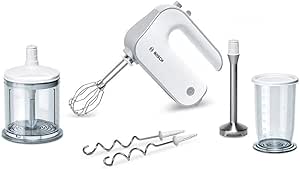 Mixer de mână Bosch Styline MFQ4080, 2 batoane, 2 cârlige de aluat din oțel inoxidabil, lavabil în mașina de spălat vase, tocător, blender de mână, 5 viteze plus setare turbo, 500 W, alb/argintiu