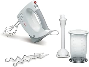 Mixer de mână Bosch MFQ3540, mixer de mână, 2 batoane, 2 cârlige de aluat din oțel inoxidabil, rezistent la mașina de spălat vase, 5 nivele, mixer de mână, blender, blender, 450 W, alb [clasa energetică B]