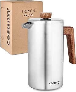 Cosumy French Press din oțel inoxidabil și lemn FSC - 1 litru - Izolație termică cu pereți dubli - Cafetieră mare cu 2 filtre de schimb