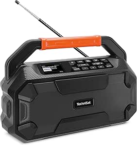 TechniSat DIGITRADIO 231 OD - DAB+ boombox pentru exterior cu acumulator reîncărcabil (radio de șantier DAB/UKW, intrare AUX, Bluetooth, suport baterie de 18 V compatibil cu Makita, Bosch Professional, DeWalt, difuzor stereo de 16 W)