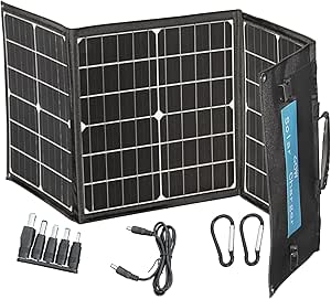 Încărcător solar portabil în aer liber 60W - Panou solar pliabil - 3 panouri impermeabile, încărcare rapidă de la TREI porturi pentru camping iPhone iPad Samsung LG telefoane și dispozitive.